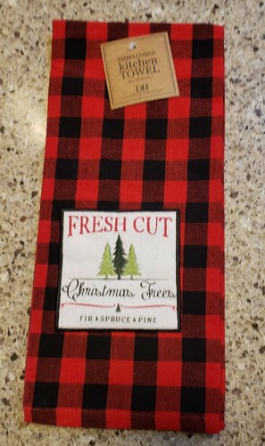 NWT DII Red Buffalo Plaid Fresh Cut Christmas Trees Kitchen TOWEL Embroidered - Picture 6 of 9