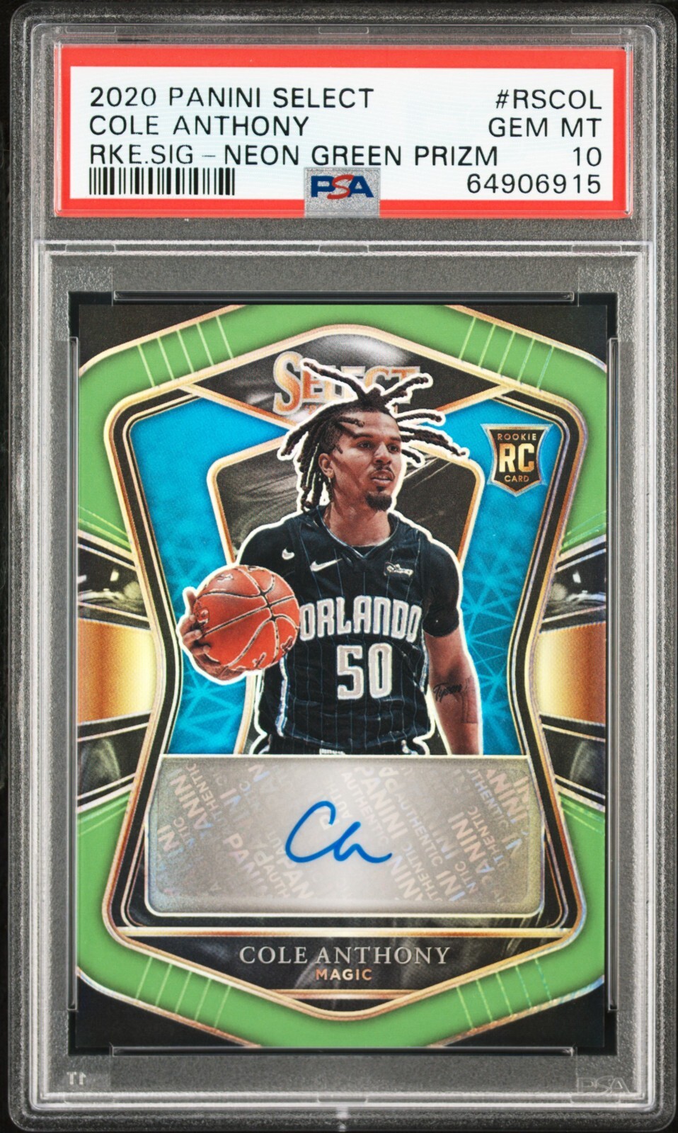 Cole Anthony 2020 Select Rookie Signatures Neon Green Prizm Auto 62/99 PSA 10