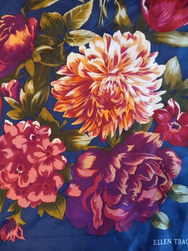 Silk Scarf by ELLEN TRACY Women, Blue background Red Flowers,34X34 V G Condition