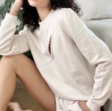 Cami NYC Haru Cutout Pearl Trim Pullover Sweatshirt Crewneck Top Cream Womens M