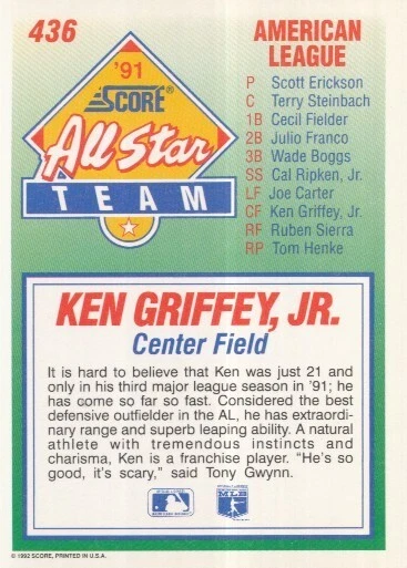 #436 ALL STAR TEAM # KEN GRIFFEY, JR. # BASEBALL CARD SCORE NFL '91 - Photo 2/2