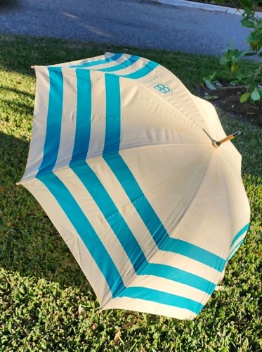VIntage Balenciaga Paris Large Striped Aqua Blue Tan Wooden Handle Umbrella VGUC