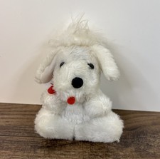 Vintage Mini White Puppy Dog 5" Plush Hard Eyes Red Tongue Bow Dan Dee 1979