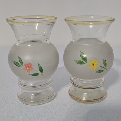 Set of 2 Frosted Clear Glass Bud Vases Hand-Painted Floral Flowers 4 in