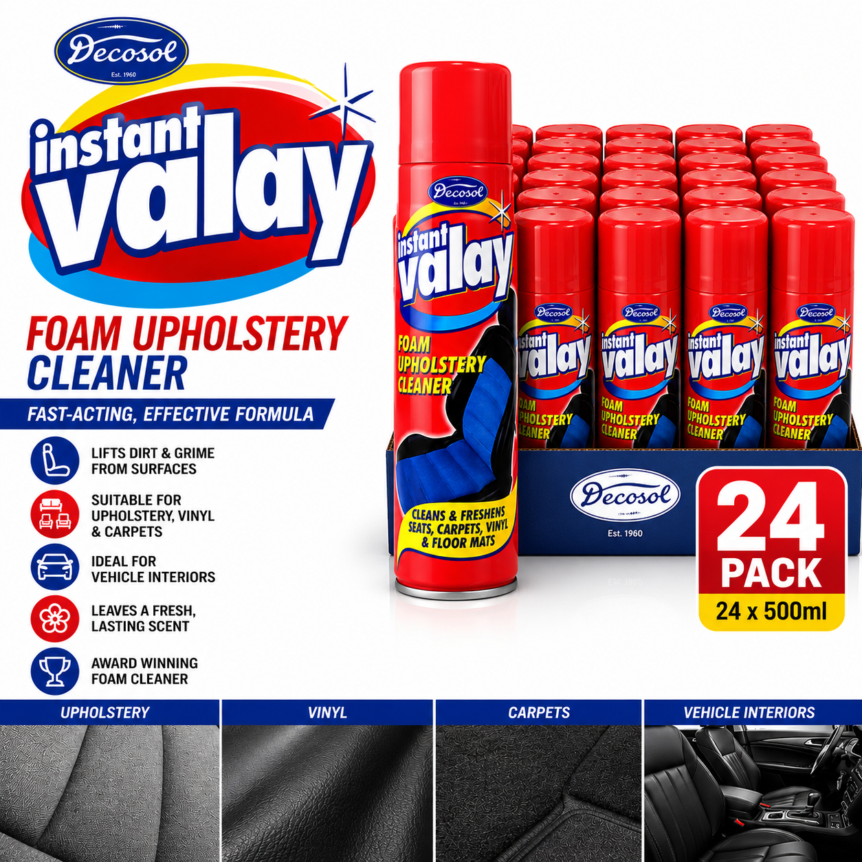 Decosol Instant Valet Upholstery Cleaner Foam Spray 500ml x24 Carpet Seat Cleane