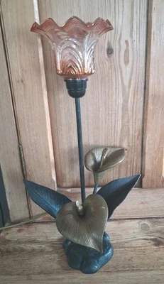 Vintage Table Lamp Bronze Cala Lily Glass Shade - Image 1 of 4