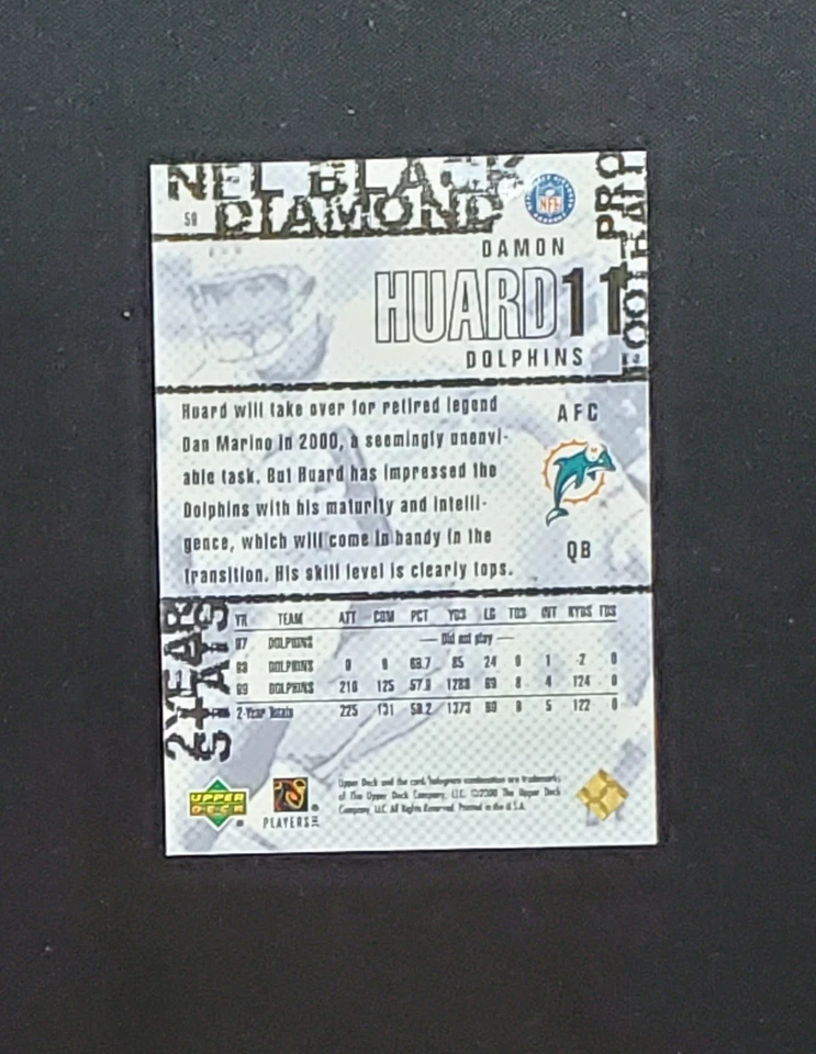 2000 Upper Deck Black Diamond Damon Huard #0003/1000 Dolphins - Image 2 of 2