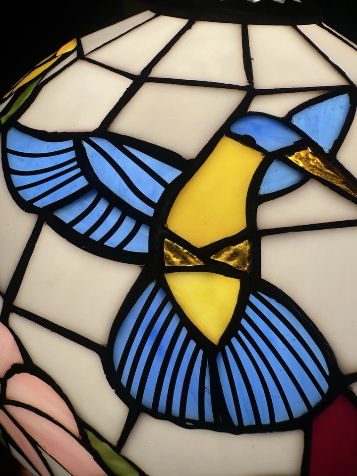 Tiffany Style 14” Tall Lamp Domed Stained Glass Hummingbird Floral Brand New - Image 3 of 4