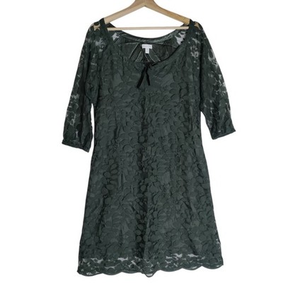 Garnet Hill Boheme Easy Lace Dress Green Boho Tie Neck Sz 8 Dark Fairy