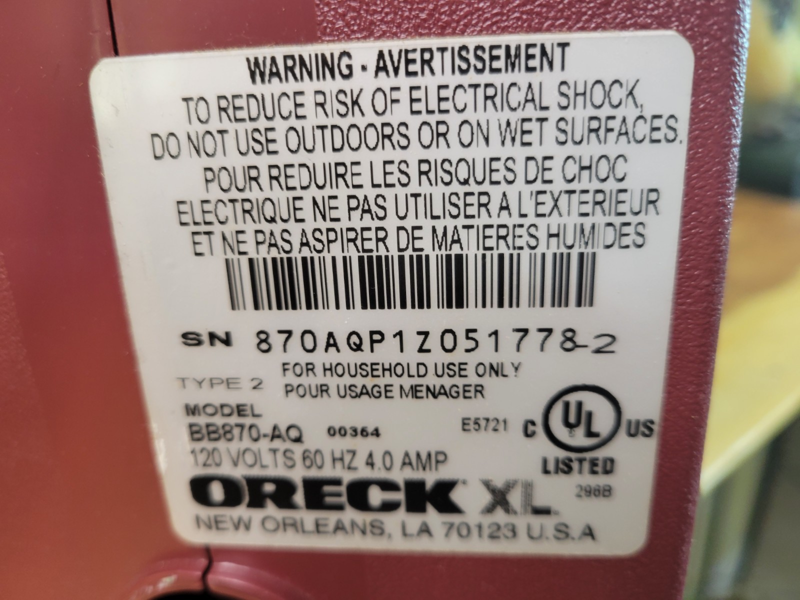 ORECK XL Type 3 BB870-AQ Compact Handheld Canister Vacuum Hose +  Attachments