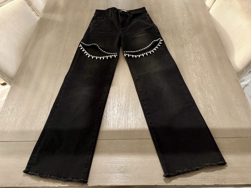 Tractr size 10 black Denim Jeans: Wide Legged And Open Rip In Knees W/crystals