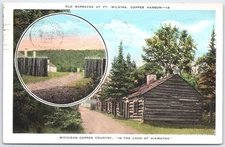 Vintage 1930 Old Barracks at Ft. Wilkins Copper Harbor Postcard