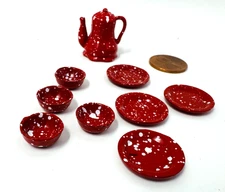 Dollhouse Miniature Red Metal Coffee Set With Pot and Bowls 1:12 Scale