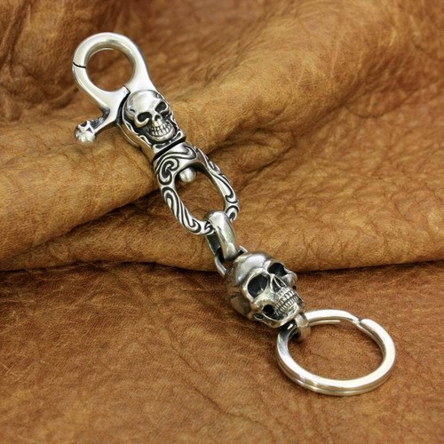 Detail Skull 925 Sterling Silver KeyRing Punk Keychain DIY Accessories TA249B BZ - Picture 5 of 15