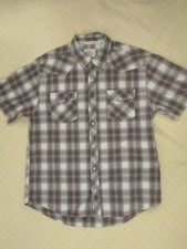 Route 66 Men's Short Sleeve Shirt Pearl Snap Brown Blue Plaid XL Vintage