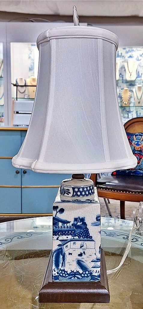 Blue, White Rectangular Box Chinoiserie Lamp. Hand Painted. With Lampshade.