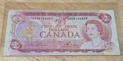1974 BANK OF CANADA $2 Dollars Note, CIRCULATED, FANCY SERIAL # ABC8166069