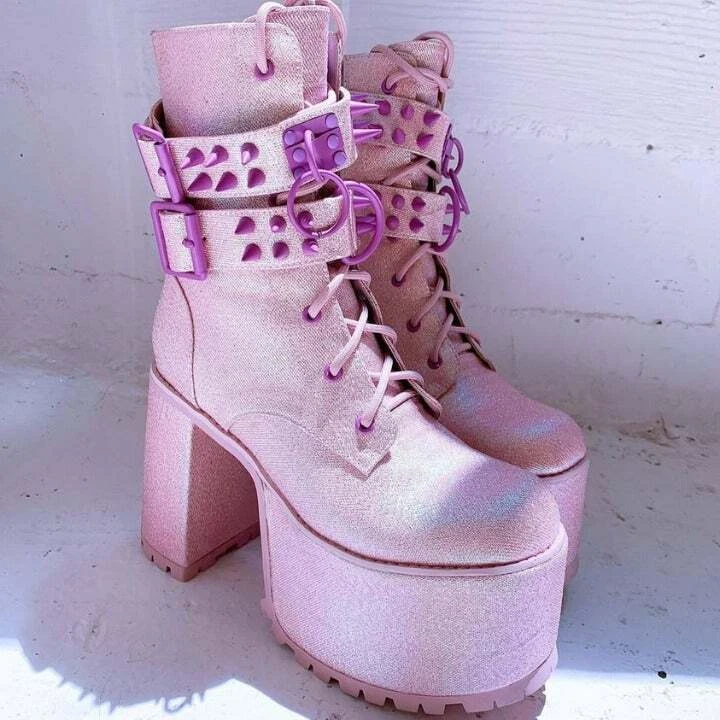 Sugar Thrillz Tempo Tantrum Platform Pink Glitter Boots US Size 7