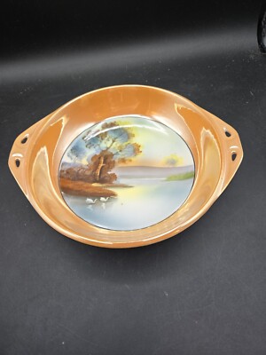 Vintage Noritake Lusterware Hand Painted Bowl  Swans On Lake Japan 8'' X 7''