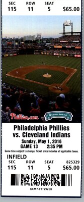Cleveland Indians vs Philadelphia Phillies 5/1/2016 Ticket - Aaron Nola