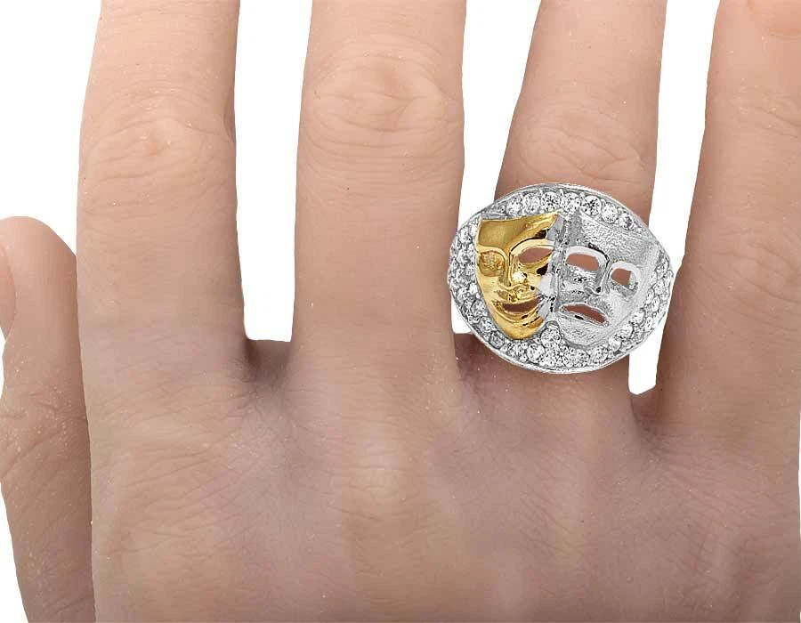 Men's 10K Two Tone Gold Simulated Diamond Laugh Now Cry Later Pinky Ring 18MM - Image 2 of 4