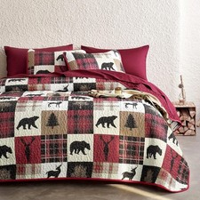 - Rustic Quilt Set, Cabin Lodge Christmas Bear Queen / Full Burgundy Black