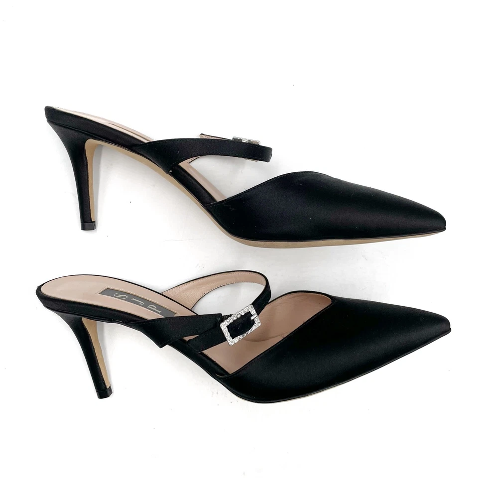 SJP Sarah Jessica Parker Gigi Mules Black Satin Crystal Buckle Pointed Sz 37 / 7 - Image 3 of 4