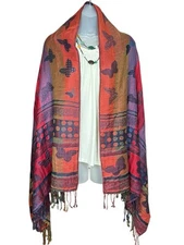 Reversible Pashmina Silk Butterfly Shawl Fringe Purple Orange Red Boho Wrap