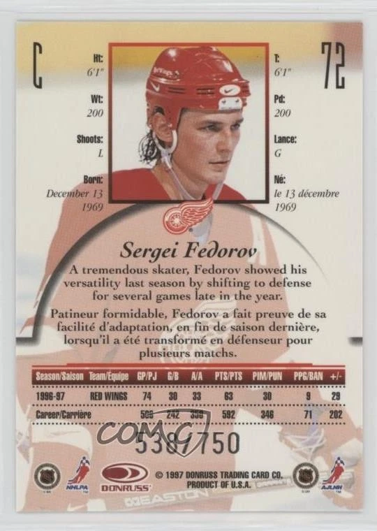 1997-98 Donruss Canadian Ice Provincial Series 538/750 Sergei Fedorov #72 HOF - Image 2 of 3