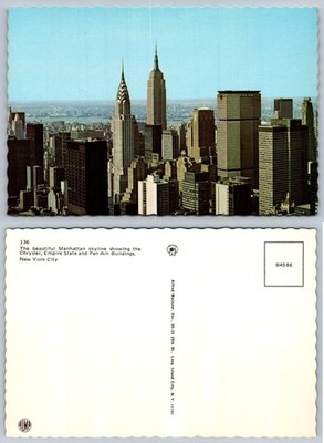 NYC Manhattan Skyline Postcard Chrysler Empire State Pan Am Buildings