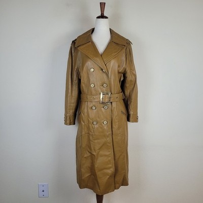 Vintage Tan Leather Trench Coat 12 Double Breasted Belted Classic Retro 70s 80s