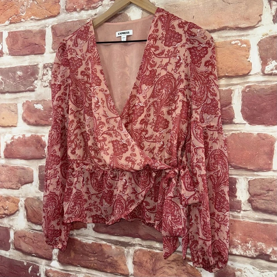 Camisa Express Top Mujer Pequeña Rosa Boho Floral Chifón Sobrepelliz Envoltura Lateral Corbata Foto 3 de 4