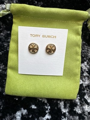 Tory Burch Round Logo Stud Earrings Gold Tone Metal Lobe No Stone