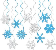 36 PCS Snowflake Hanging Swirl Decorations, Blue and Sliver Hanging Snowflake De