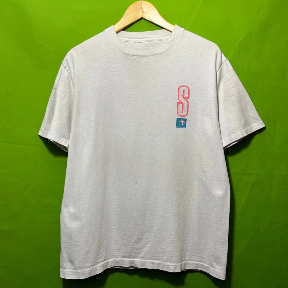 Camisa Gráfica Mediana De Colección Años 80 SIDE OUT Deportiva Voleibol Firmada Blanca Manga Corta Foto 2 de 4