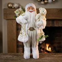 Weihnachtsmann Stehend 45Cm Santa Claus Dekofigur Weiß-Gold-Beige Und TeddybäR