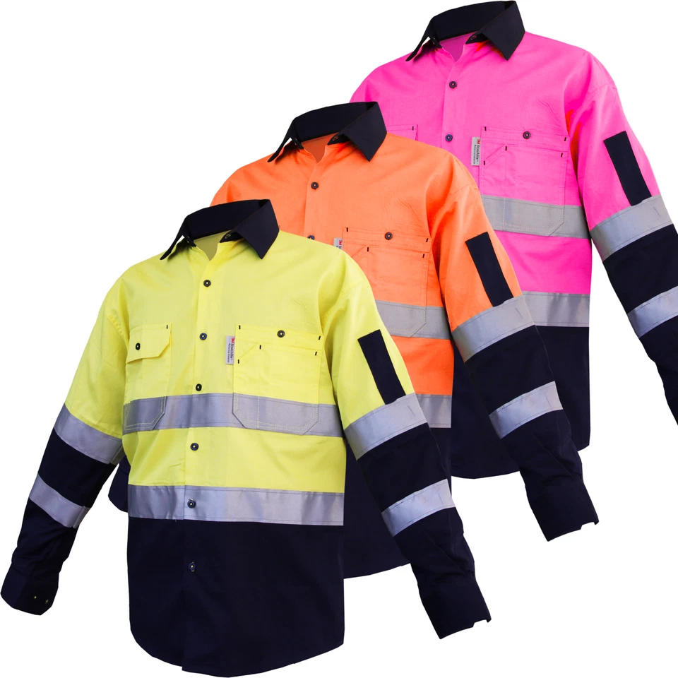 Hi Vis Work Shirts with Reflective Tape, Light Cotton Long Sleeve  Orange Pink - image 2 of 4