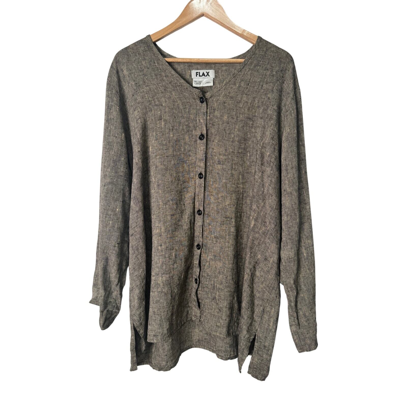 Flax Brown Button Front Button Down Linen Blouse Large Lagen Look tunic