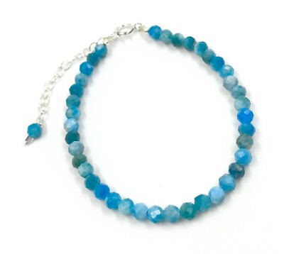 Genuine Blue Apatite Natural Color 925 Silver adjustable Bracelet #02 USA SELLER