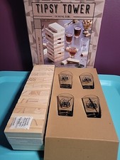 Game Night Tipsy Tower Glass Drinking Set w/Wooden Blocks 4 Brown