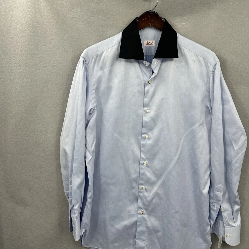 Camisa de vestir ISAIA Napoli cuello negro para hombre 16 41 Neiman Marcus azul preppy LEER Foto 2 de 4