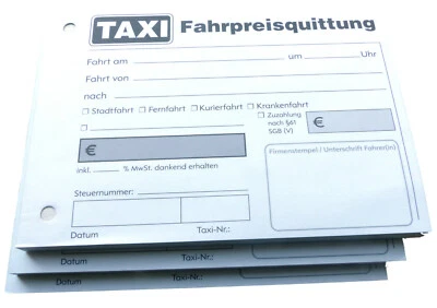 DRUCKEREI SCHARLAU 3x TAXI-Fahrpreis-Quittung Taxiquittung 100 Blatt TAXI-Quittung,gelocht (22429)