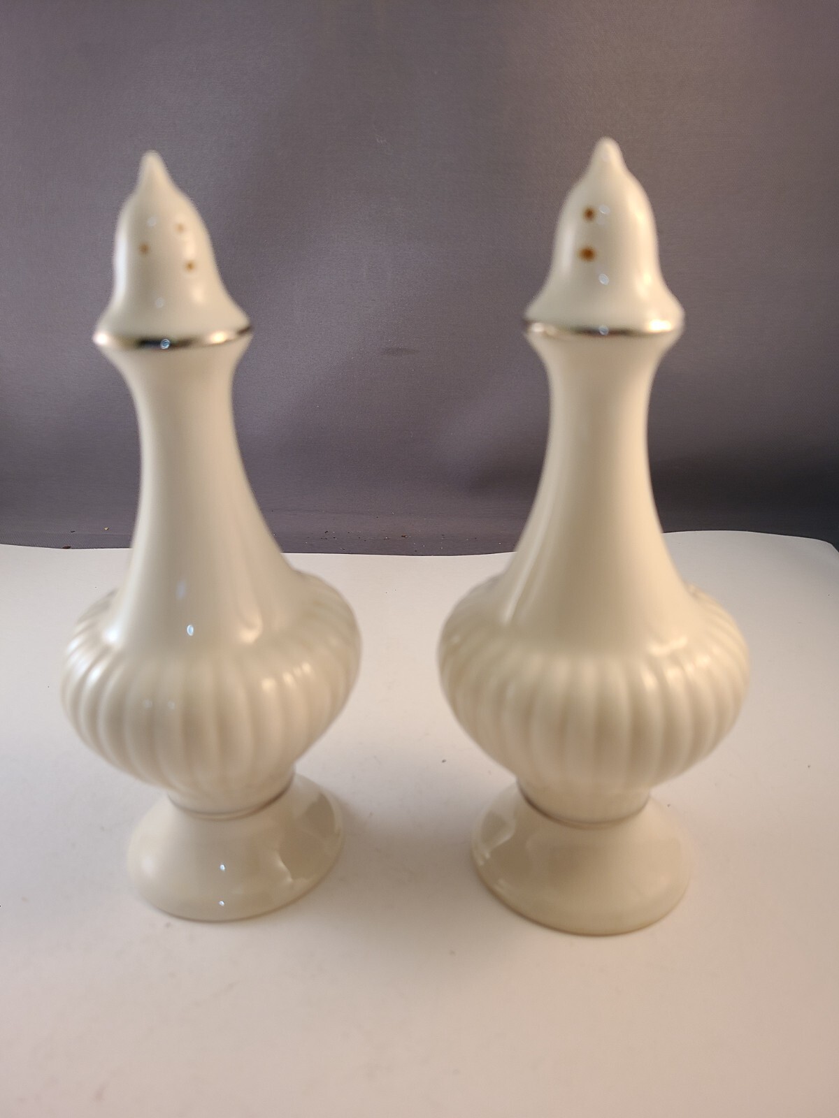 Ivory Color Lenox "Eternal" salt and pepper shakers 5 1/2" Silver trim