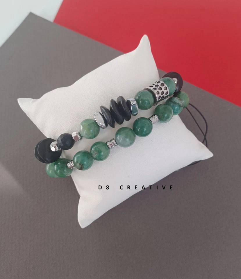 Pulseira masculina de jade verde natureza com aço inoxidável tecido à mão design original - Imagem 4 de 4