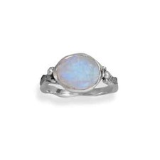 Sterling Silver Rainbow Moonstone Ring, Oxidized Wavy Band, Beaded Design