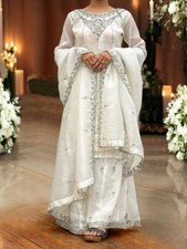 Aesthetic Wear Pure Gold Crush Silk White Palazzo Suit With Dupatta For Women