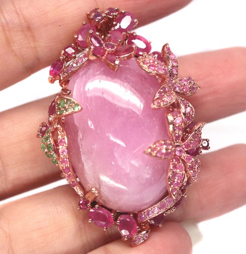 Heated 25 X 36 mm. Pink Ruby ruby Sapphire Tsavorite Brooch Silver 925 Sterling - Picture 2 of 5