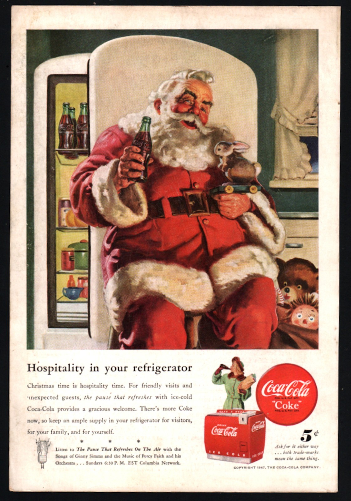 1947 COCA-COLA Santa Claus w/ Rabbit Pull Toy Christmas AD | eBay