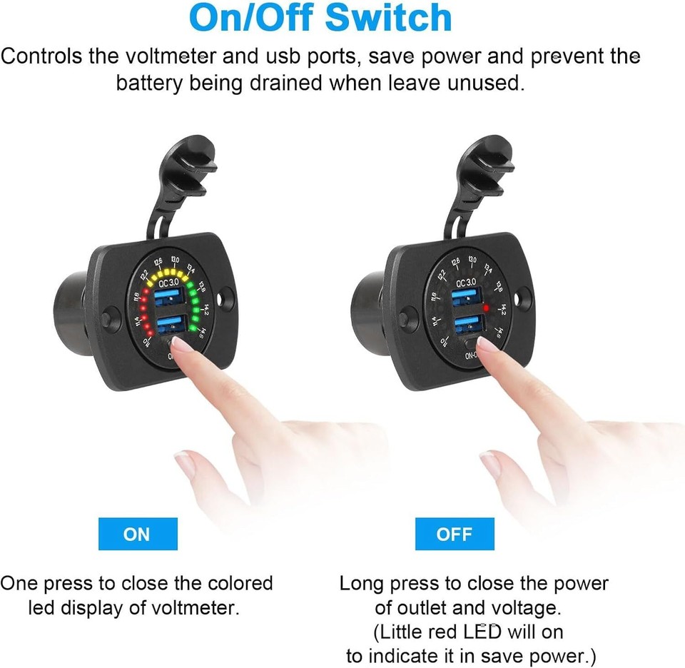 12V-24V Dual USB QC3.0 Fast Charger Socket Power Outlet On-Off Switch ...