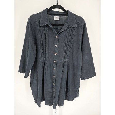 Vintage CMC Womens Sz XL 3/4 Sleeve Lagenlook Top Black Micro Pleat